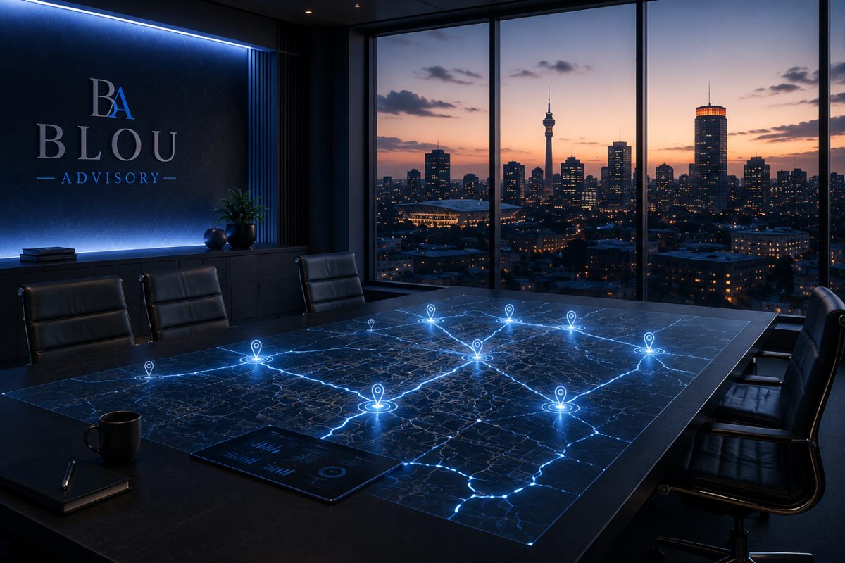 BLOU Advisory boardroom with a glowing strategy map on the table and a city skyline beyond