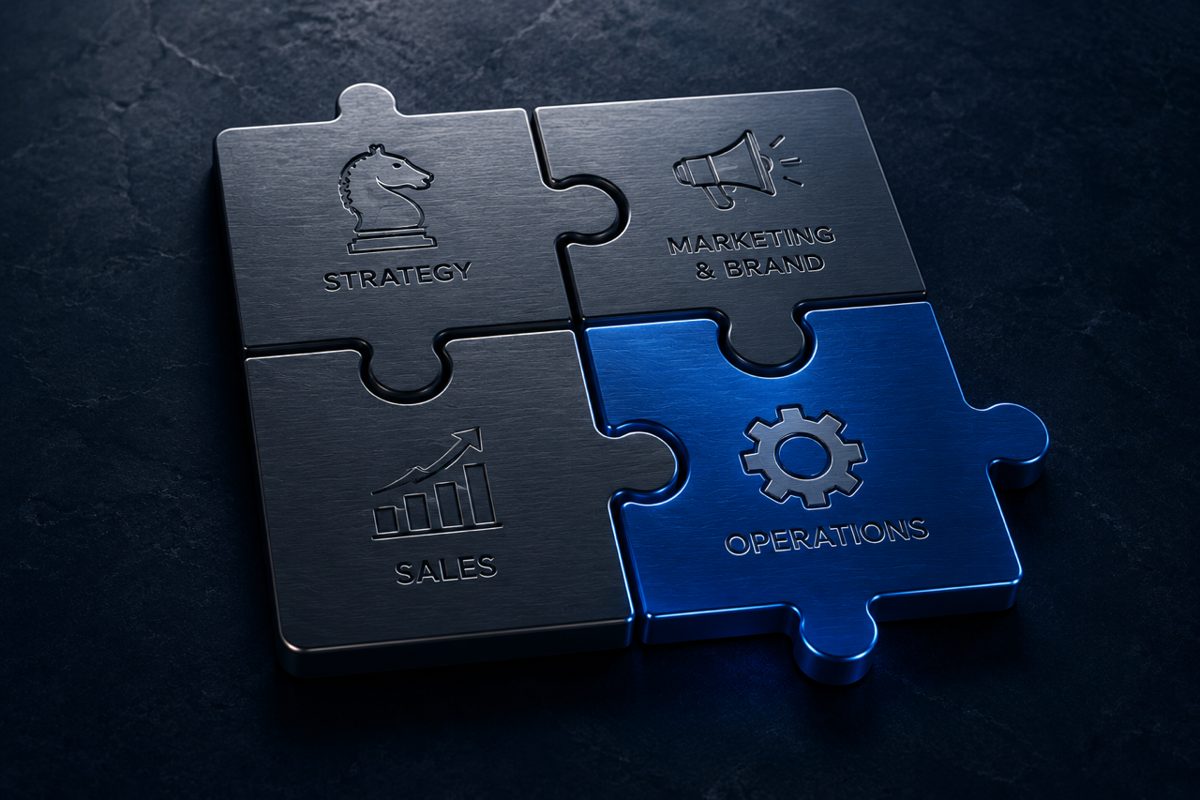 Four interlocking puzzle pieces labelled Strategy, Marketing & Brand, Sales and Operations